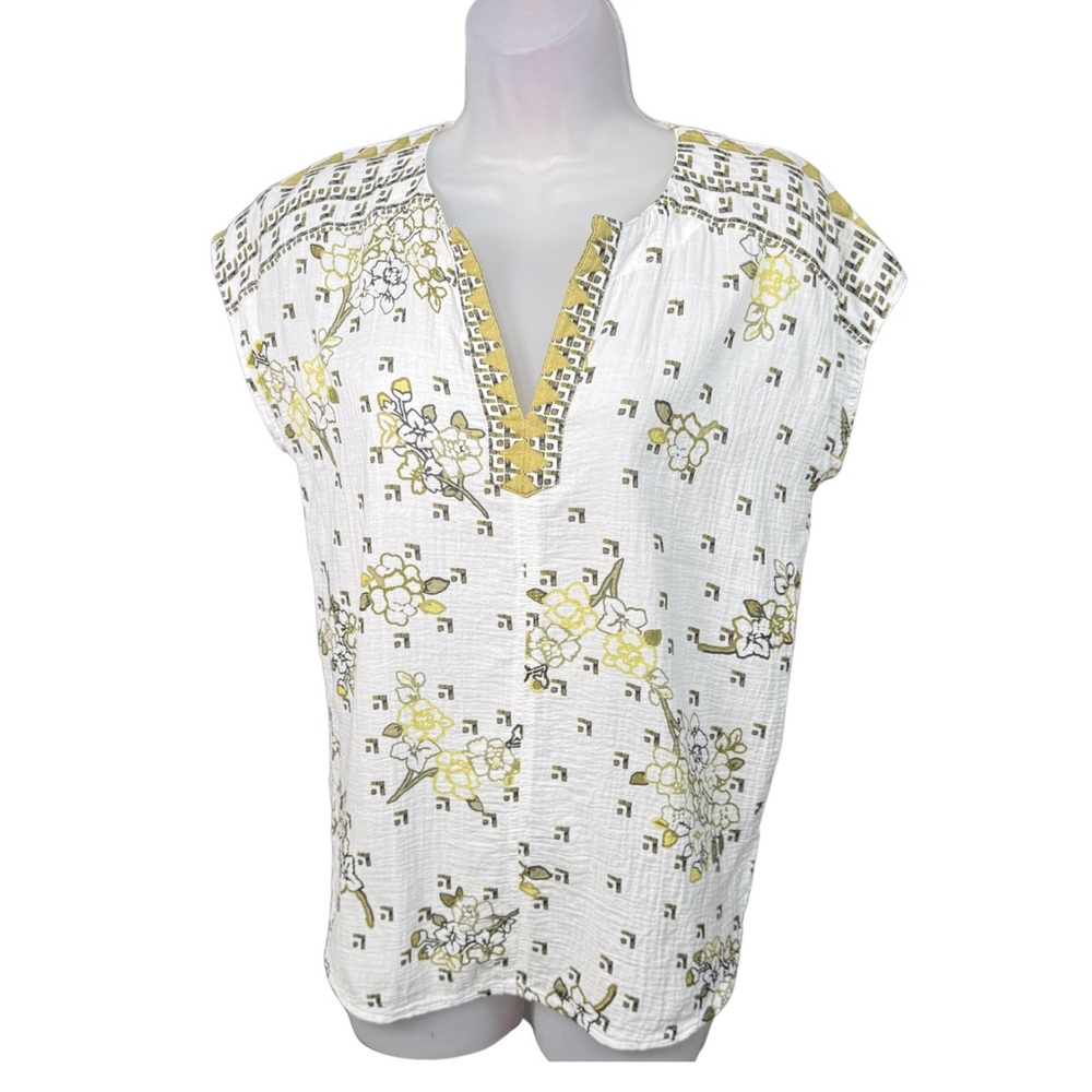 Liverpool Los Angeles Whiteโ Olive Floral Print V-Neck Blouse XS